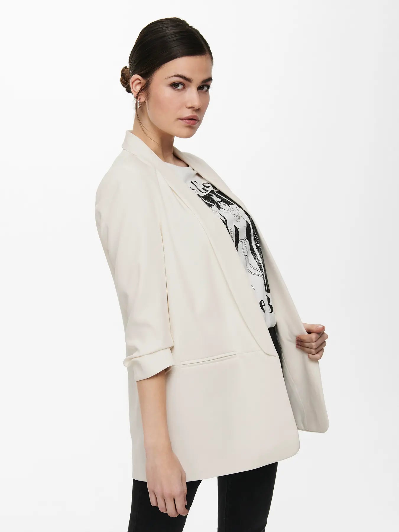 Blazer With 3/4 Ruched Sleeves - Ivory