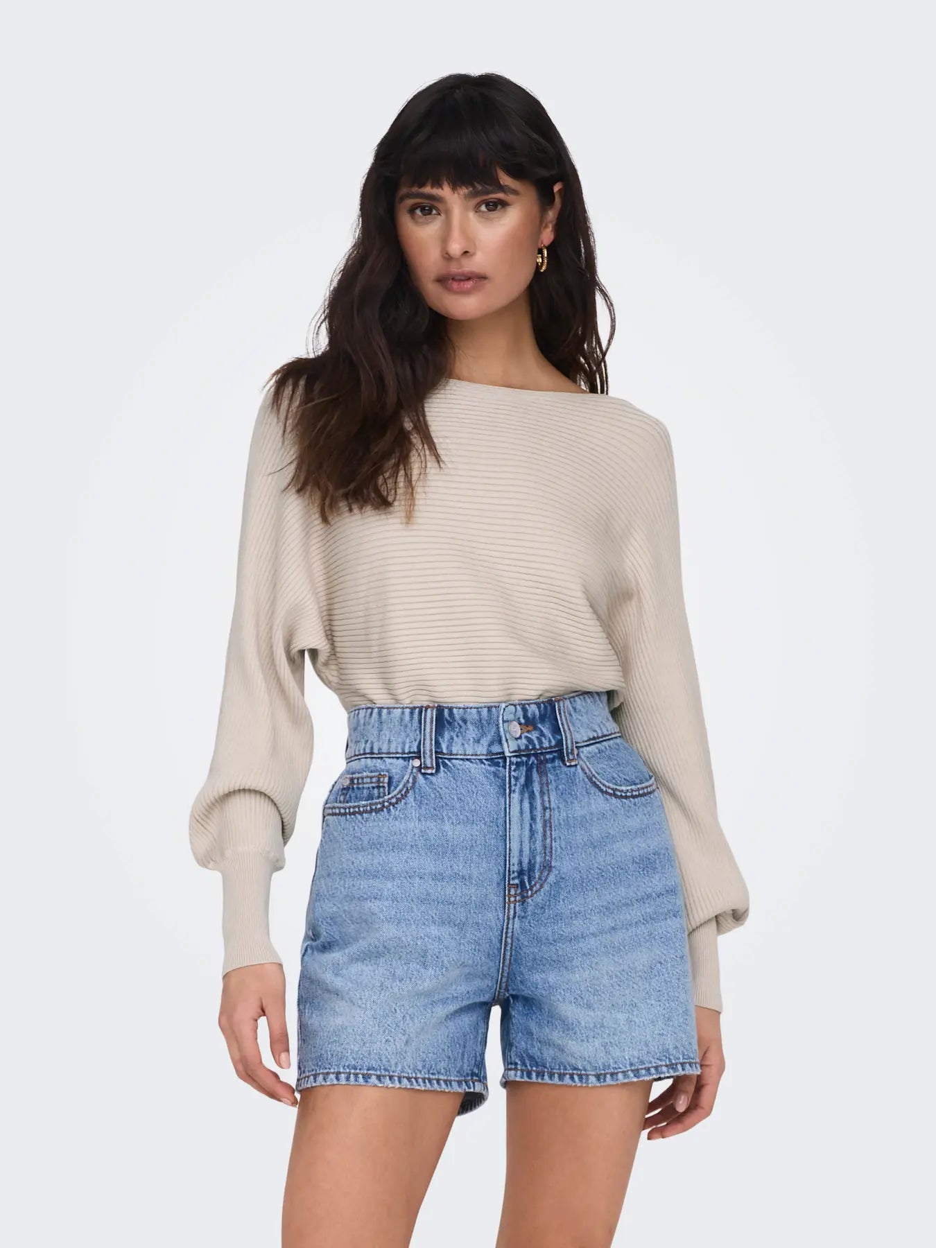 Boat Neck Batwing Sleeve Jumper - Stone