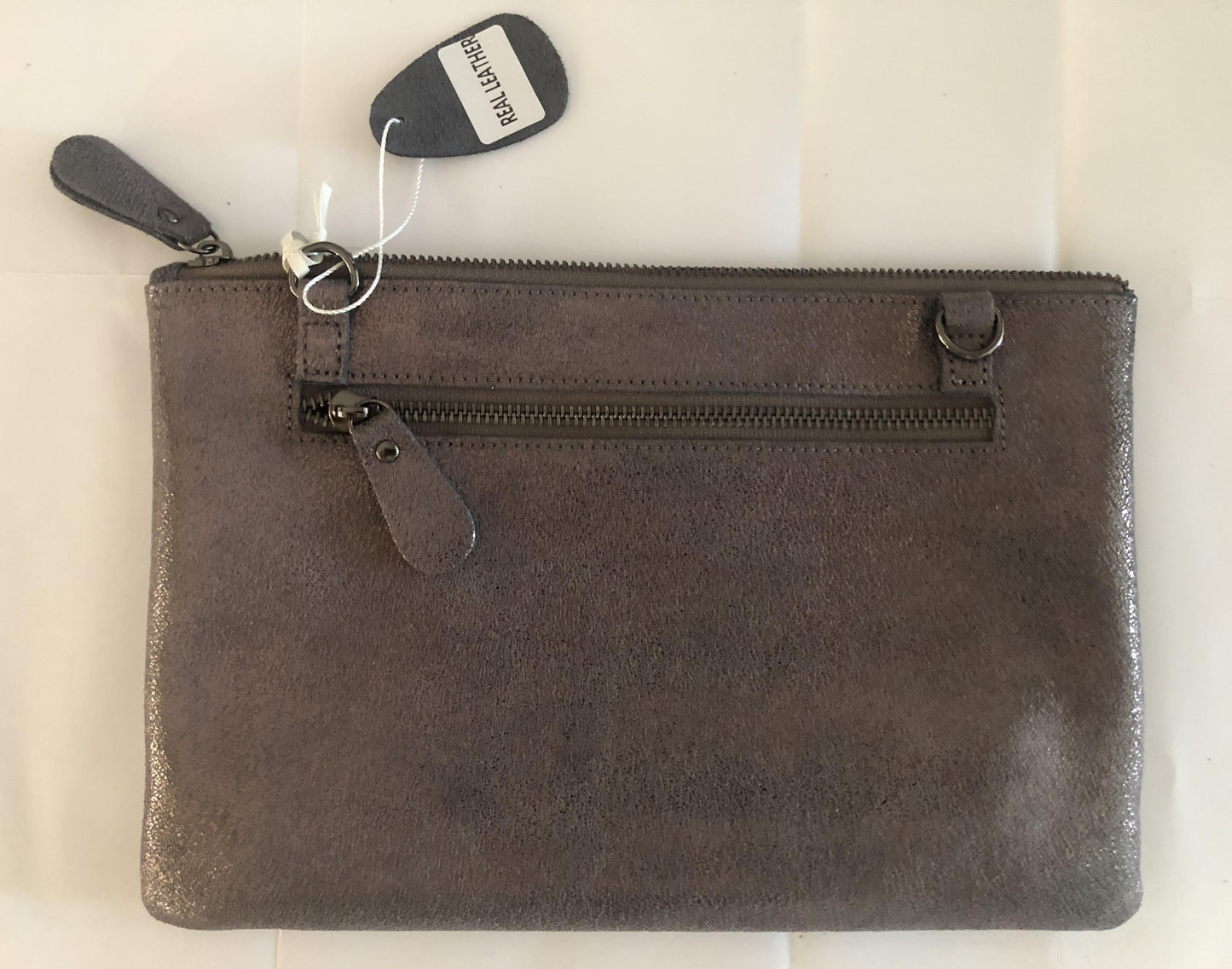 Leather Zip Top Clutch Bag With Detachable Wrist Strap & Long Strap - Pewter