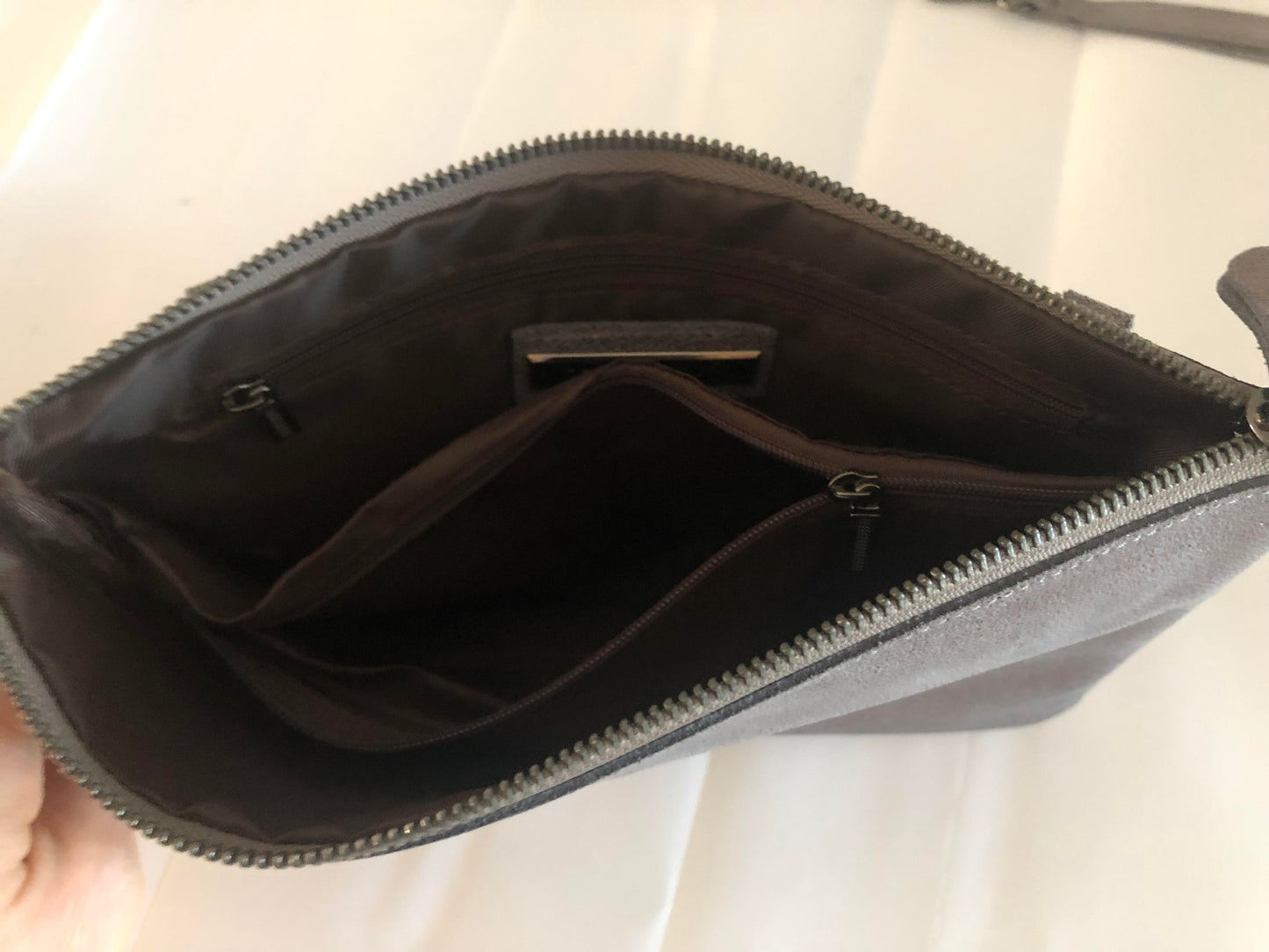 Leather Zip Top Clutch Bag With Detachable Wrist Strap & Long Strap - Pewter