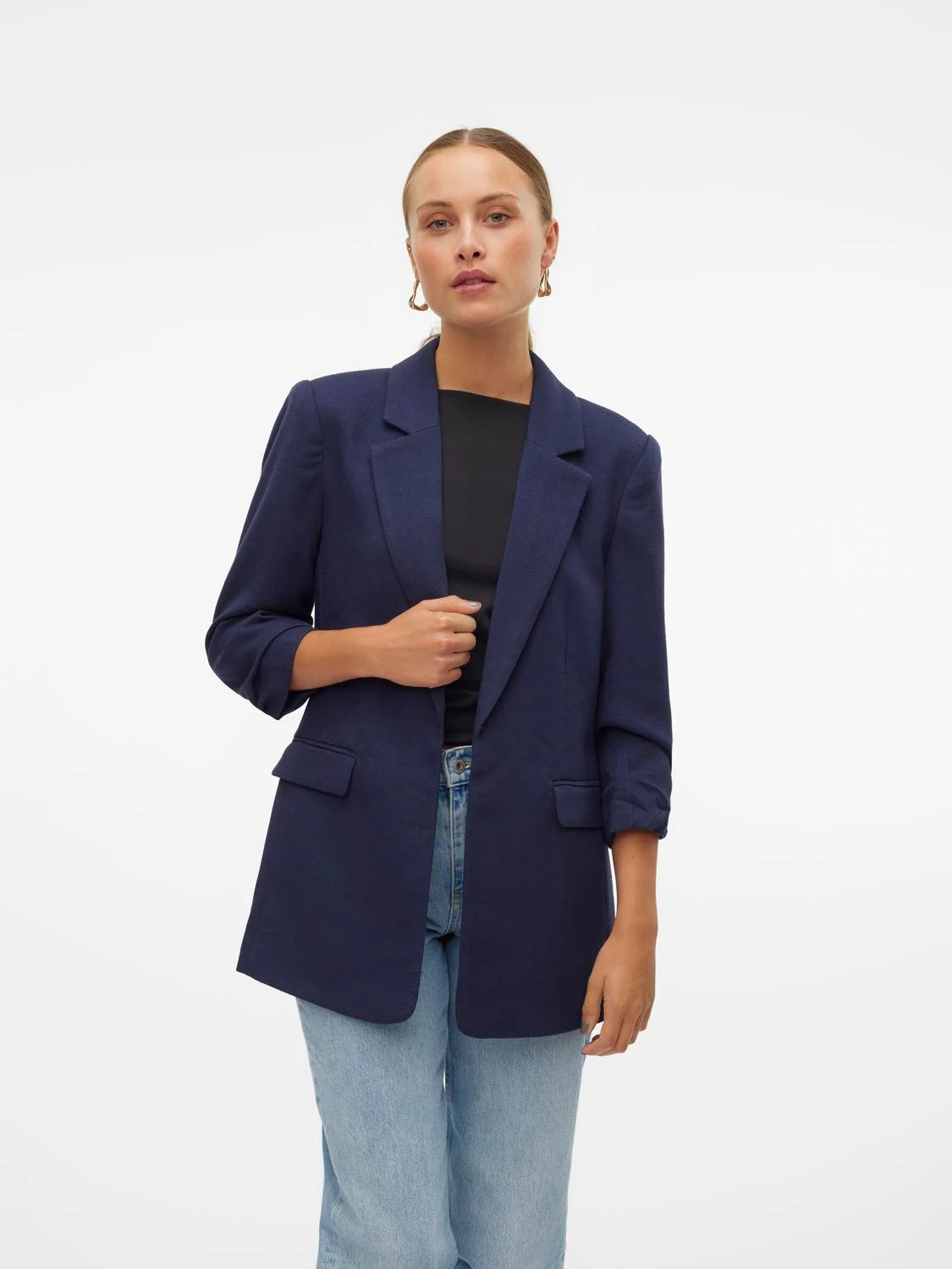 Blazer With 3/4 Ruched Sleeves - Navy