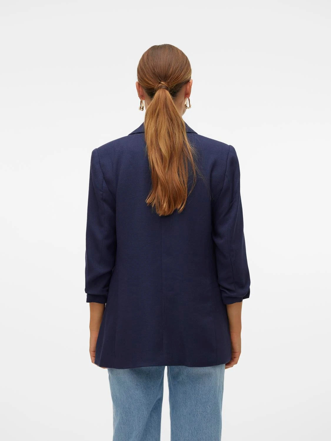 Blazer With 3/4 Ruched Sleeves - Navy