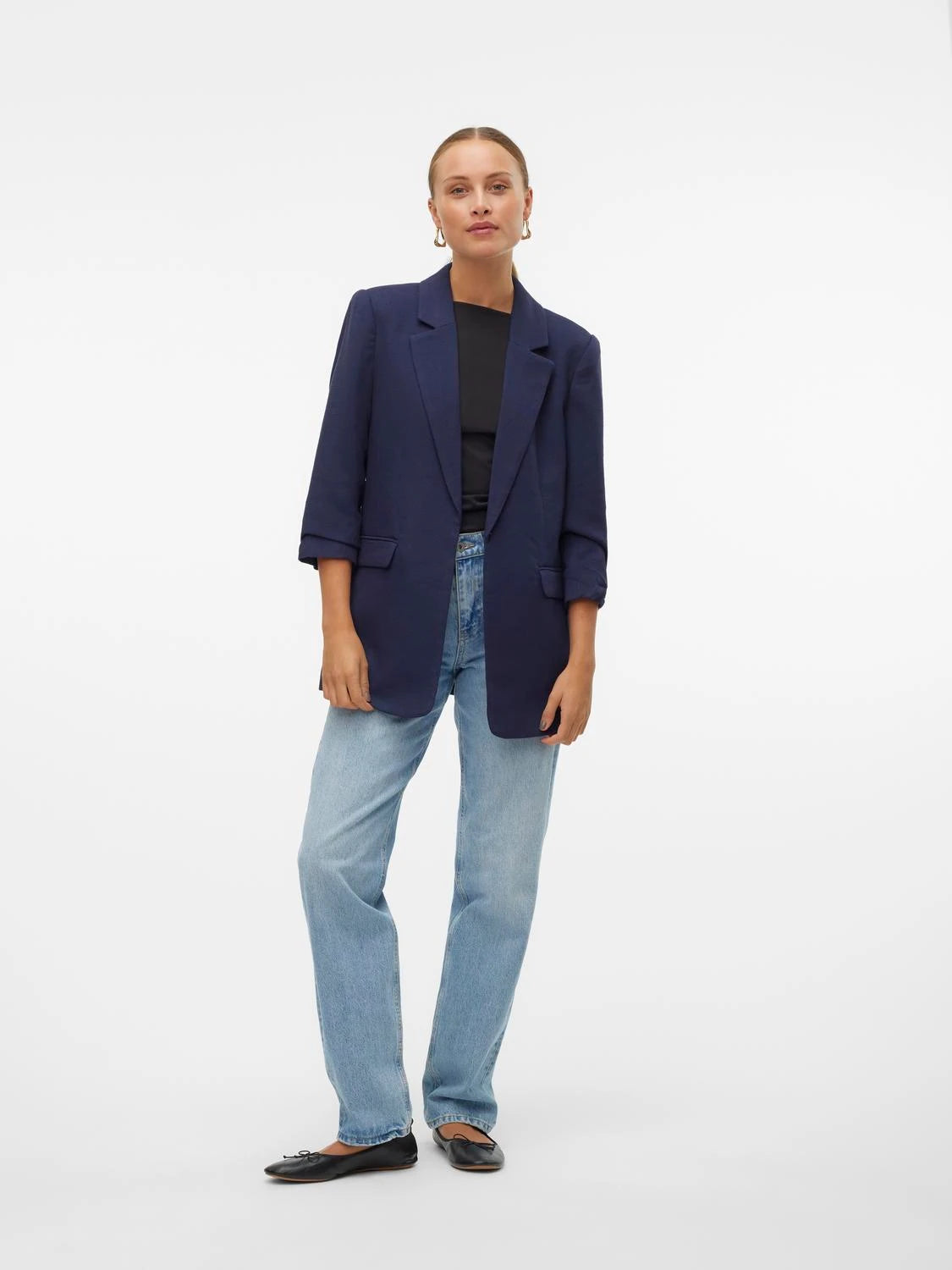 Blazer With 3/4 Ruched Sleeves - Navy