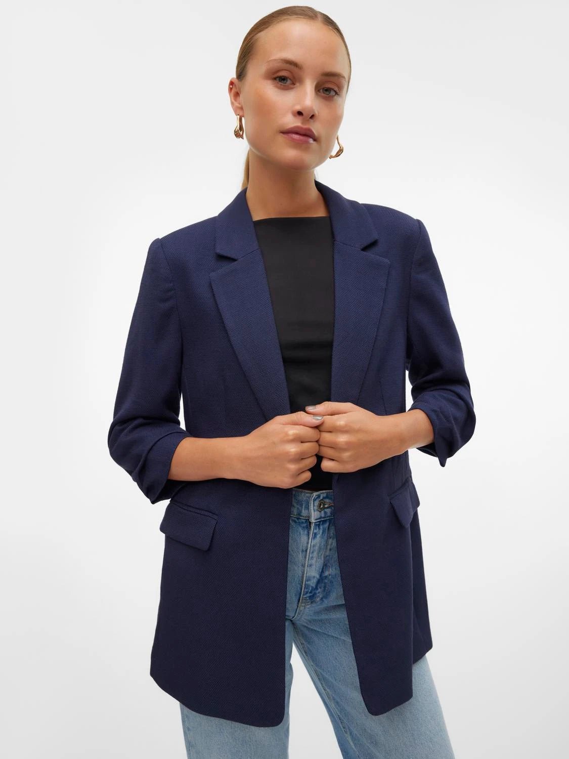 Blazer With 3/4 Ruched Sleeves - Navy