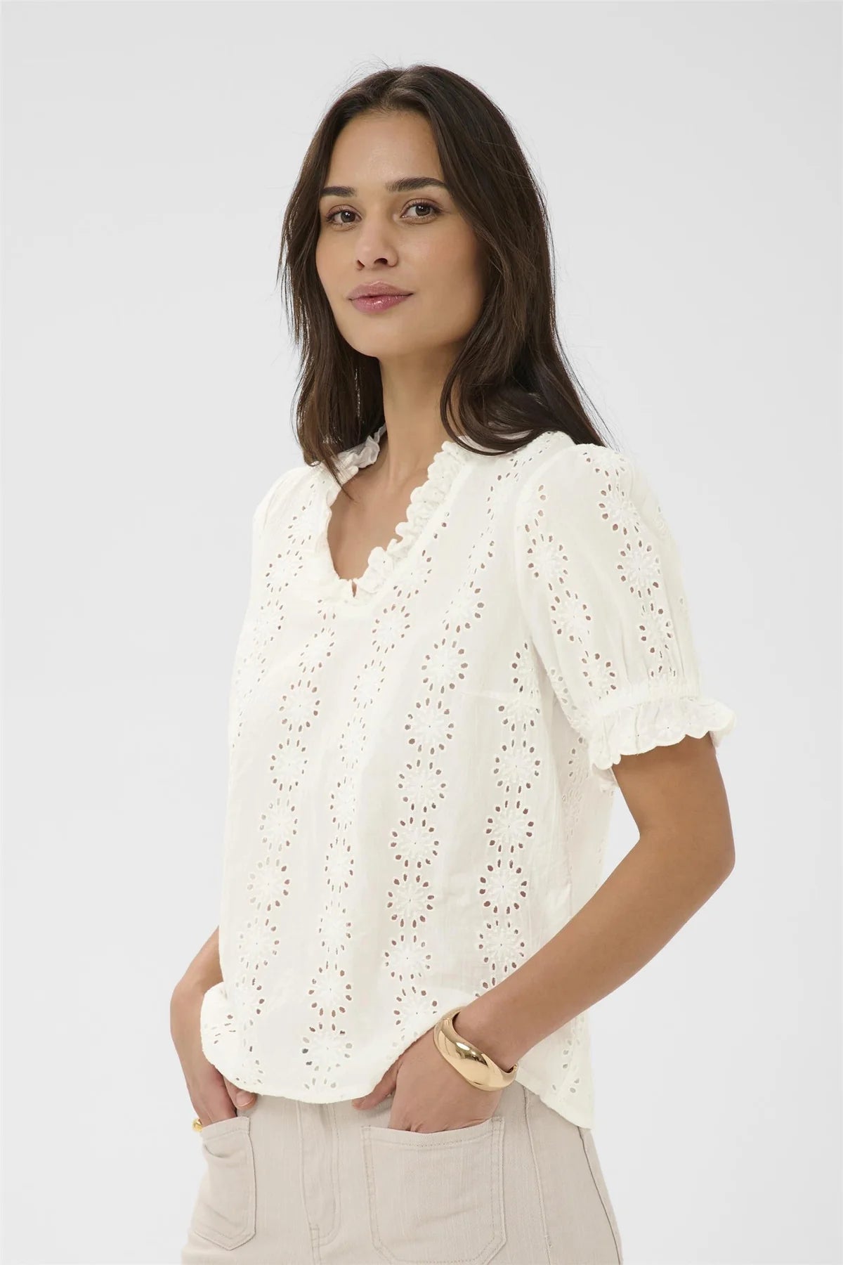 Short Sleeve Embroidery Blouse - White or Green