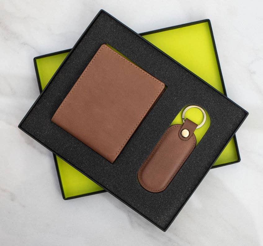 Luxury Travel Gift Set - Wallet & Keyring - Black or Brown