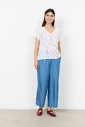 White Embroidery Anglaise V Neck T Shirt