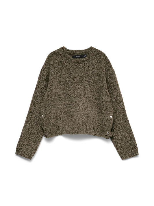 Button Detail Round Neck Jumper - Brown or Khaki