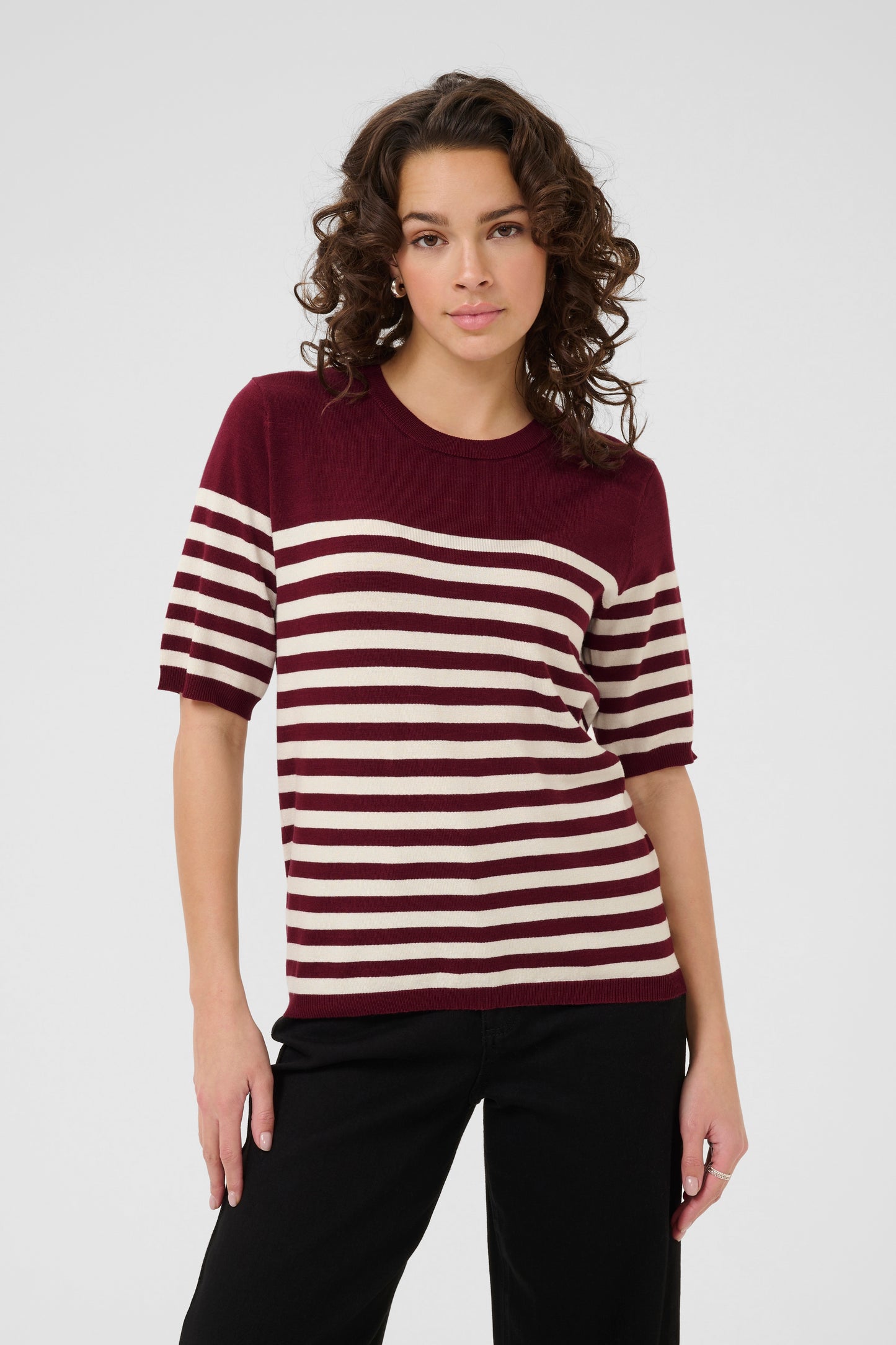 Wine & Ivory Striped Short Sleeve Jumper