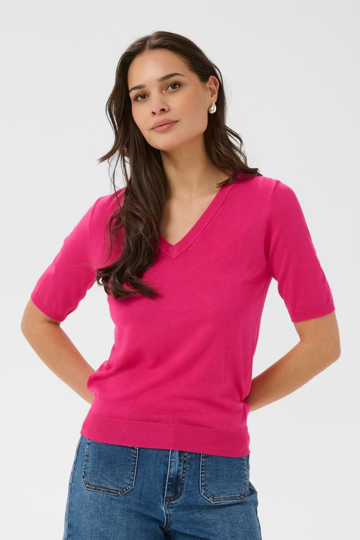 Short Sleeve V Neck Pullover - Blue, Cerise & Ivory