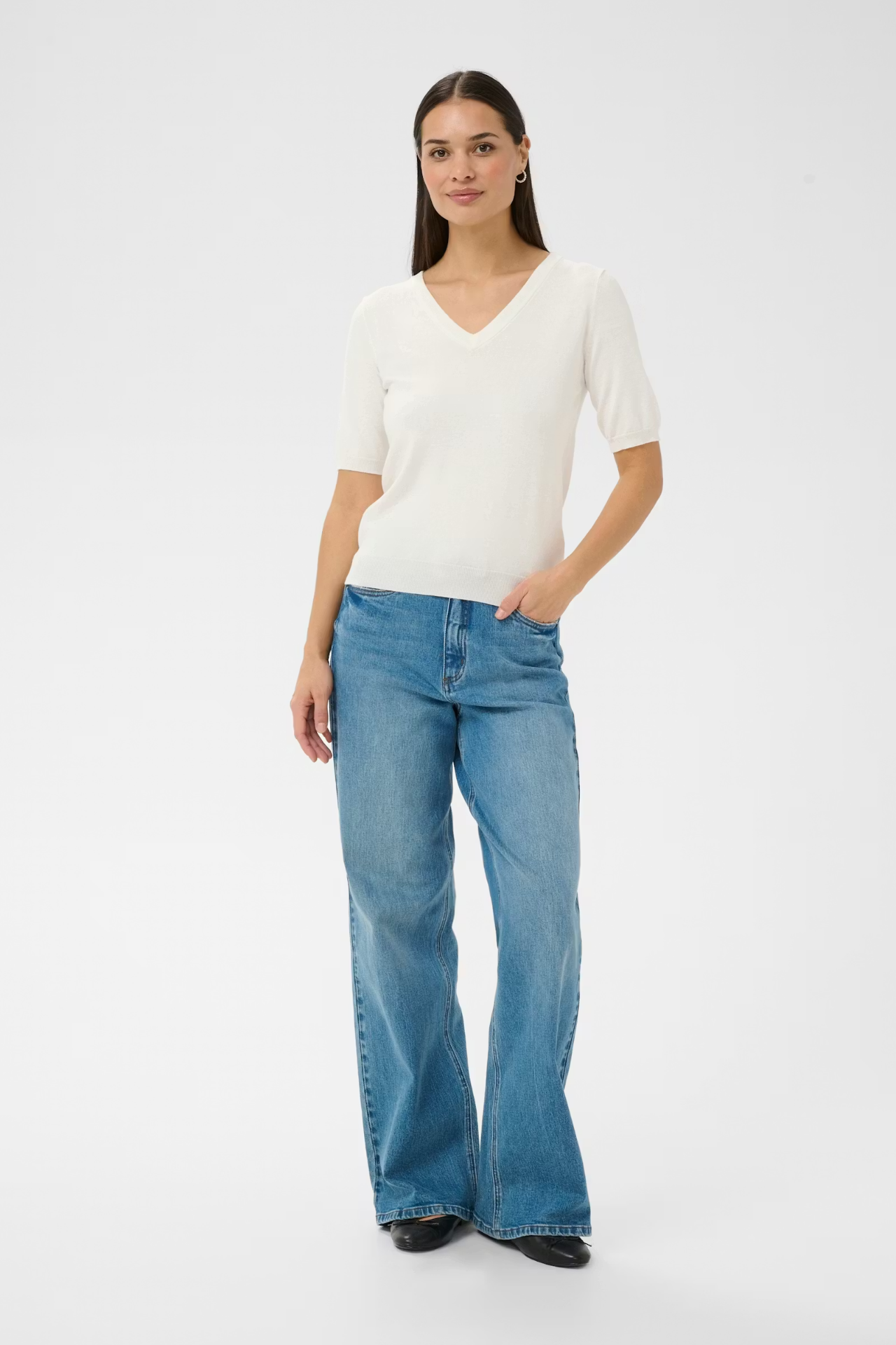 Short Sleeve V Neck Pullover - Blue, Cerise & Ivory