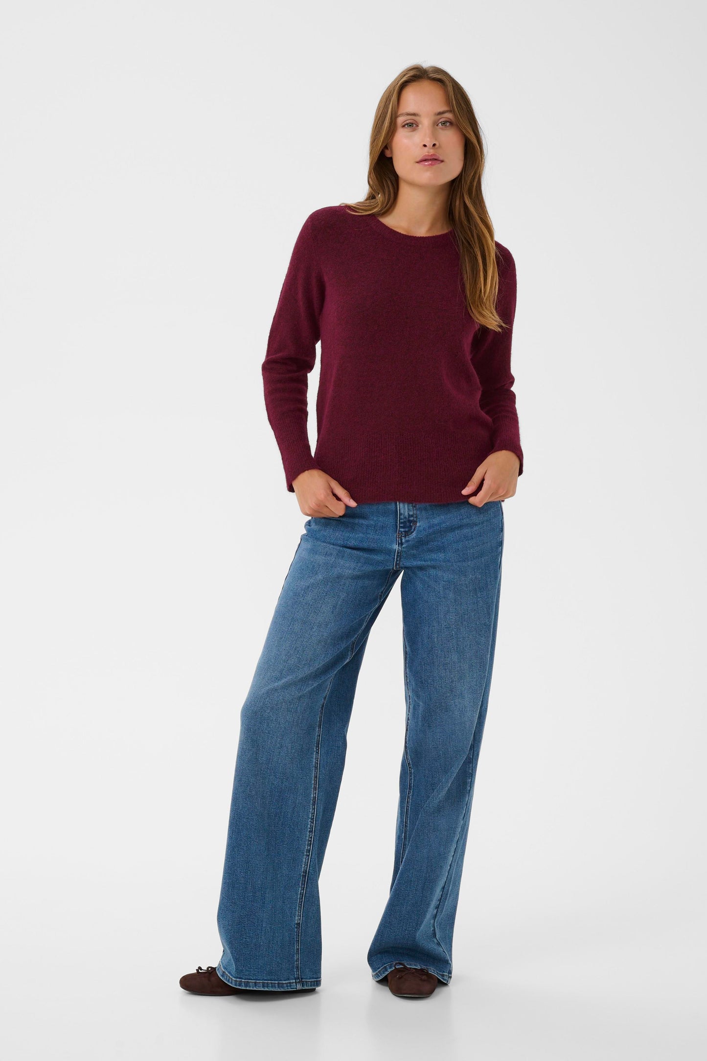 Round Neck Long Sleeve Jumper - Oatmeal, Wine or Black