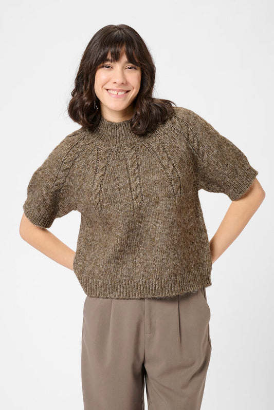 Short Sleeve Chunky Knit Melange Yarn Jumper - Wine/Pink or Brown