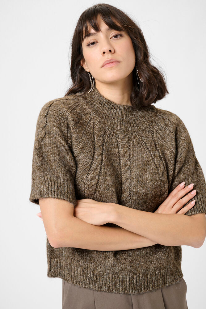 Short Sleeve Chunky Knit Melange Yarn Jumper - Wine/Pink or Brown