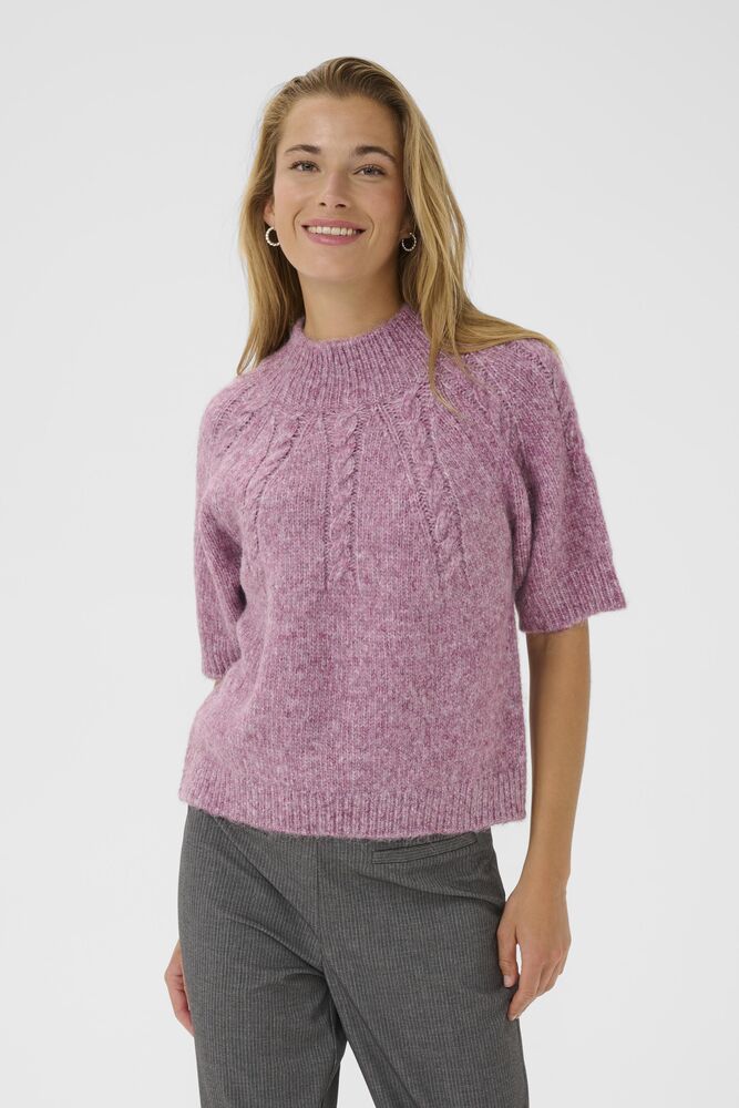 Short Sleeve Chunky Knit Melange Yarn Jumper - Wine/Pink or Brown