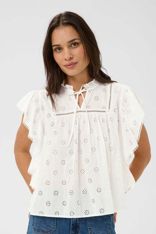 Cotton Broderie Anglaise Top - White & Red