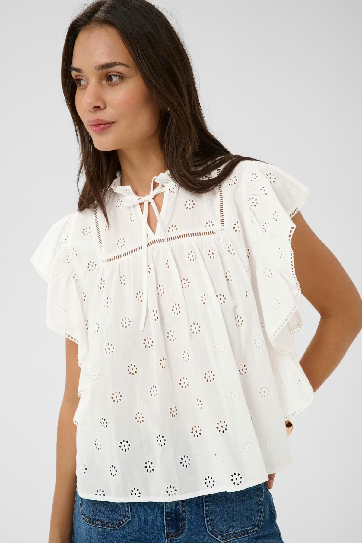 Cotton Broderie Anglaise Top - White & Red