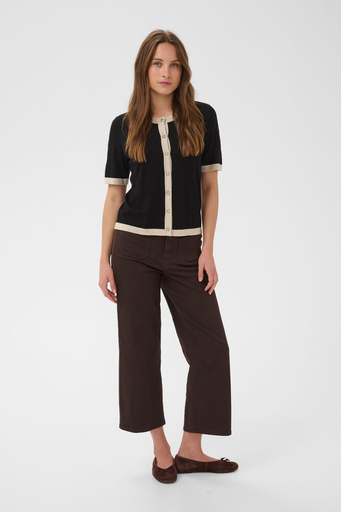 Short Sleeve Contrast Cardigan - Black & Oatmeal or Chocolate Brown