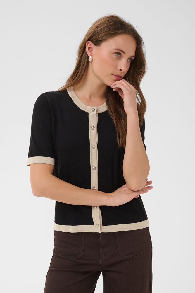 Short Sleeve Contrast Cardigan - Black & Oatmeal or Chocolate Brown