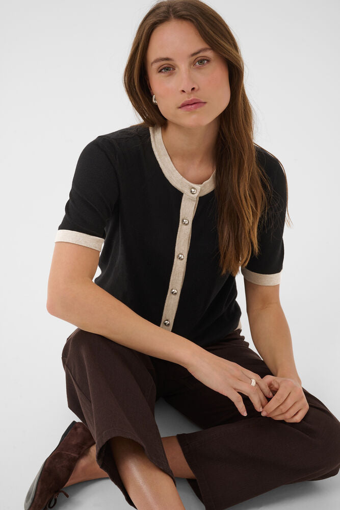 Short Sleeve Contrast Cardigan - Black & Oatmeal or Chocolate Brown