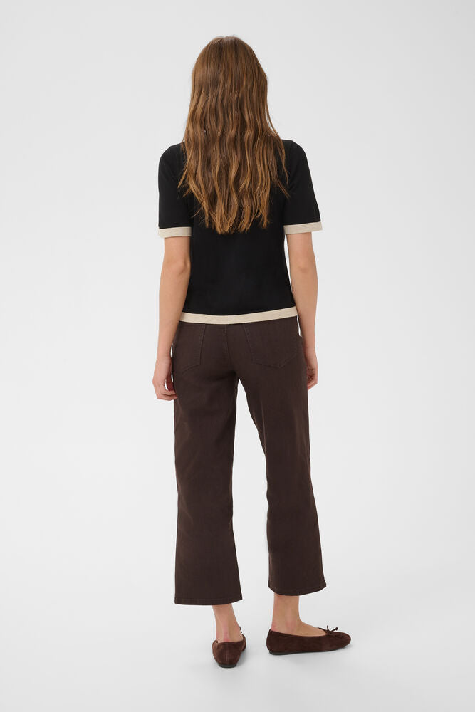 Short Sleeve Contrast Cardigan - Black & Oatmeal or Chocolate Brown