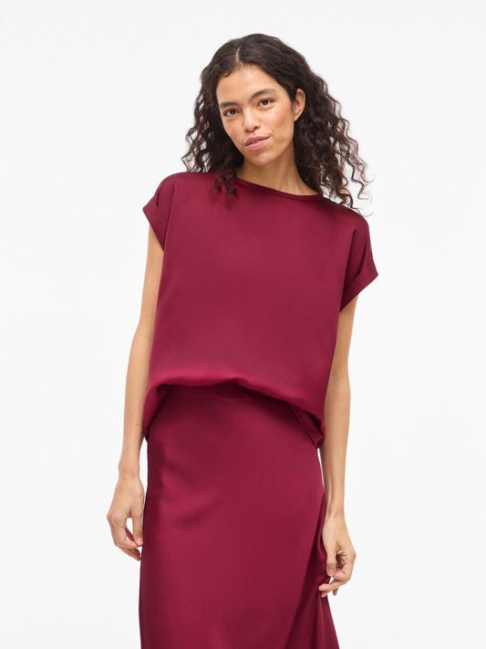 Satin Short Sleeve Top - Dark Pink