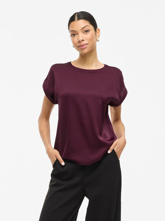 Satin Short Sleeve Top - Wine