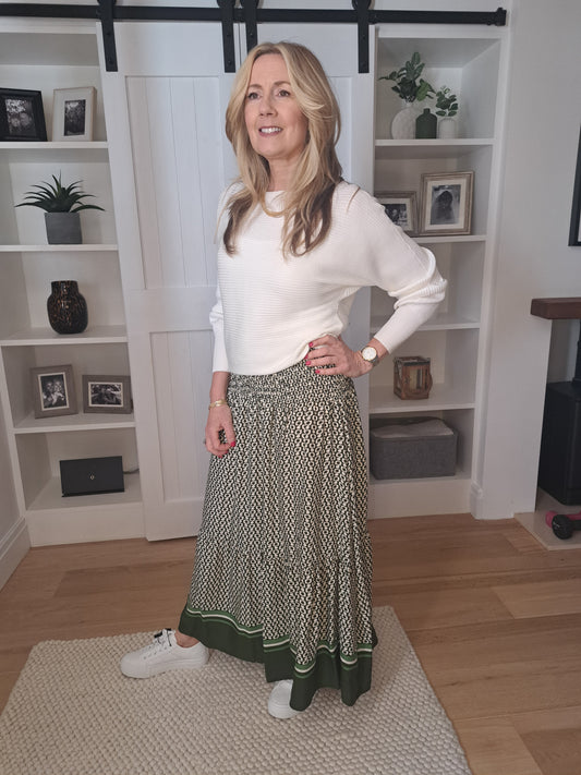 Spot Border Shirred Waistband Skirt - Green
