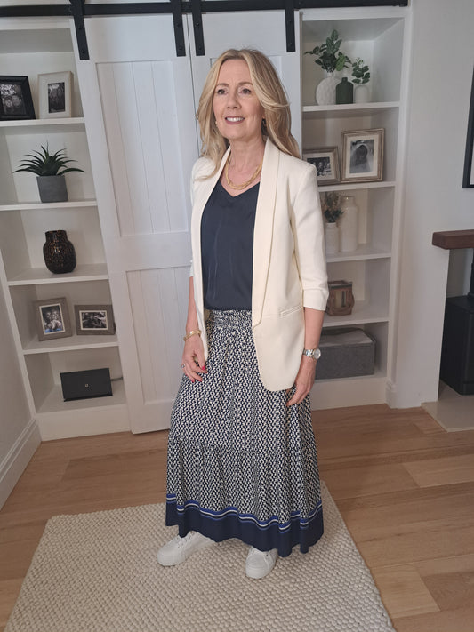 Spot Border Shirred Waistband Skirt - Blue