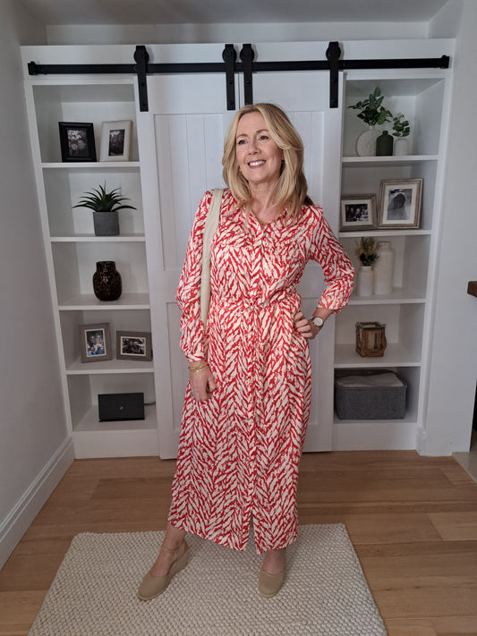 Shirt Dress - Red & Cream