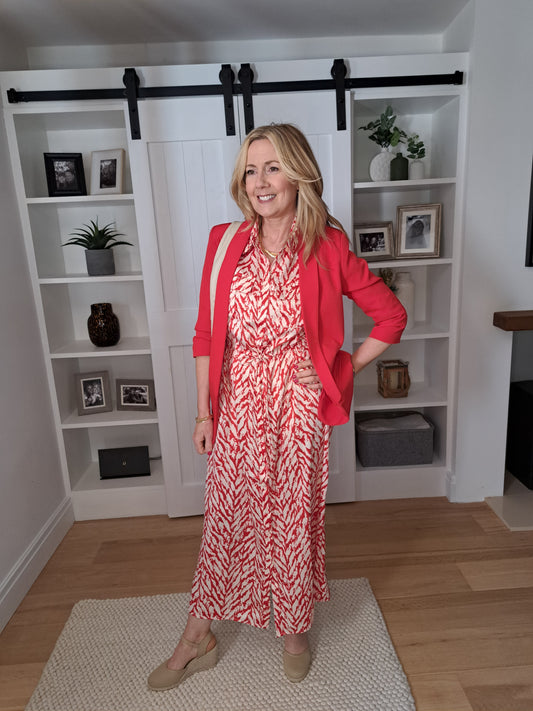 Blazer With 3/4 Ruched Sleeves - Red