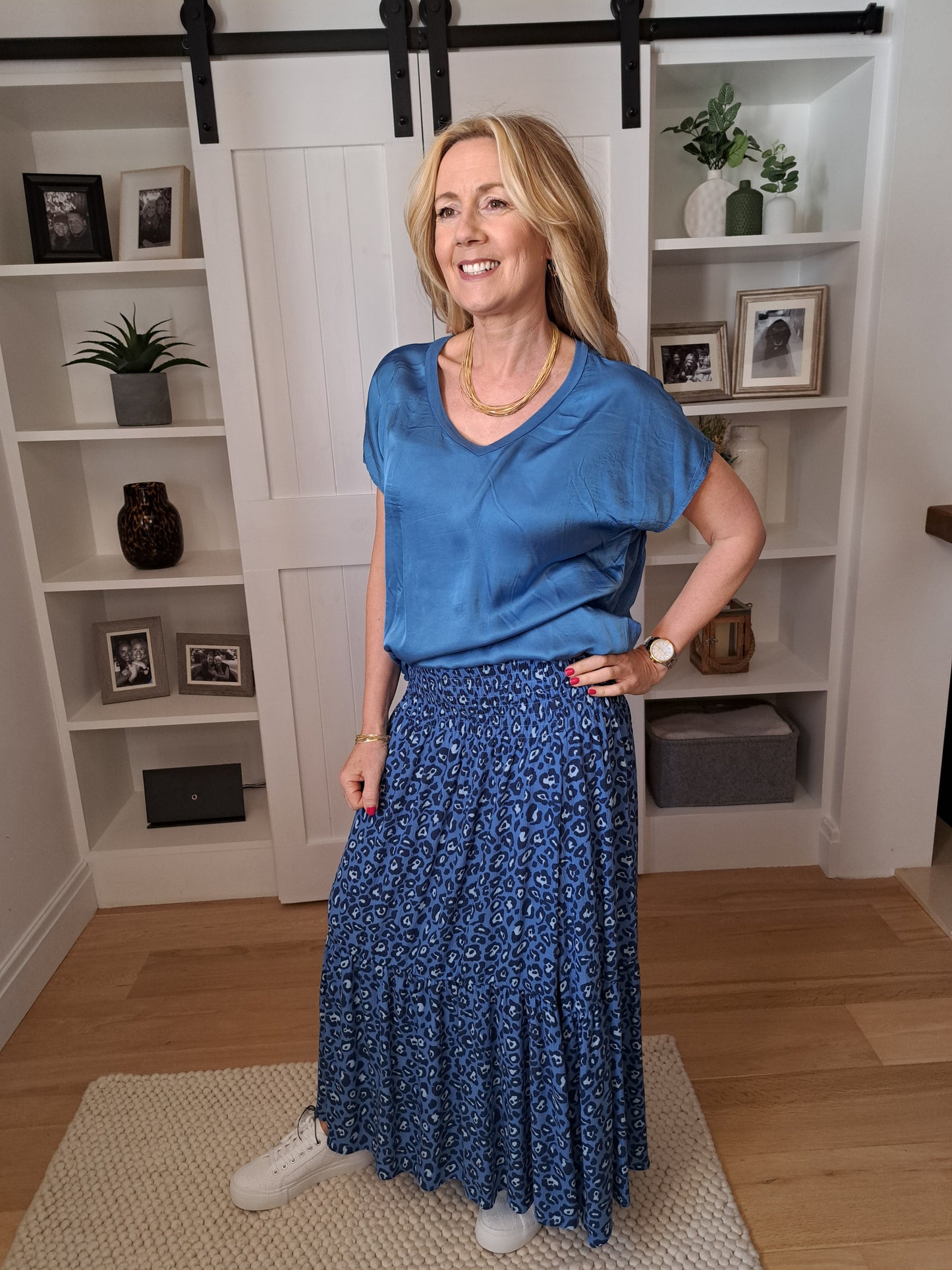 Leopard Print Shirred Waist Skirt - Blue