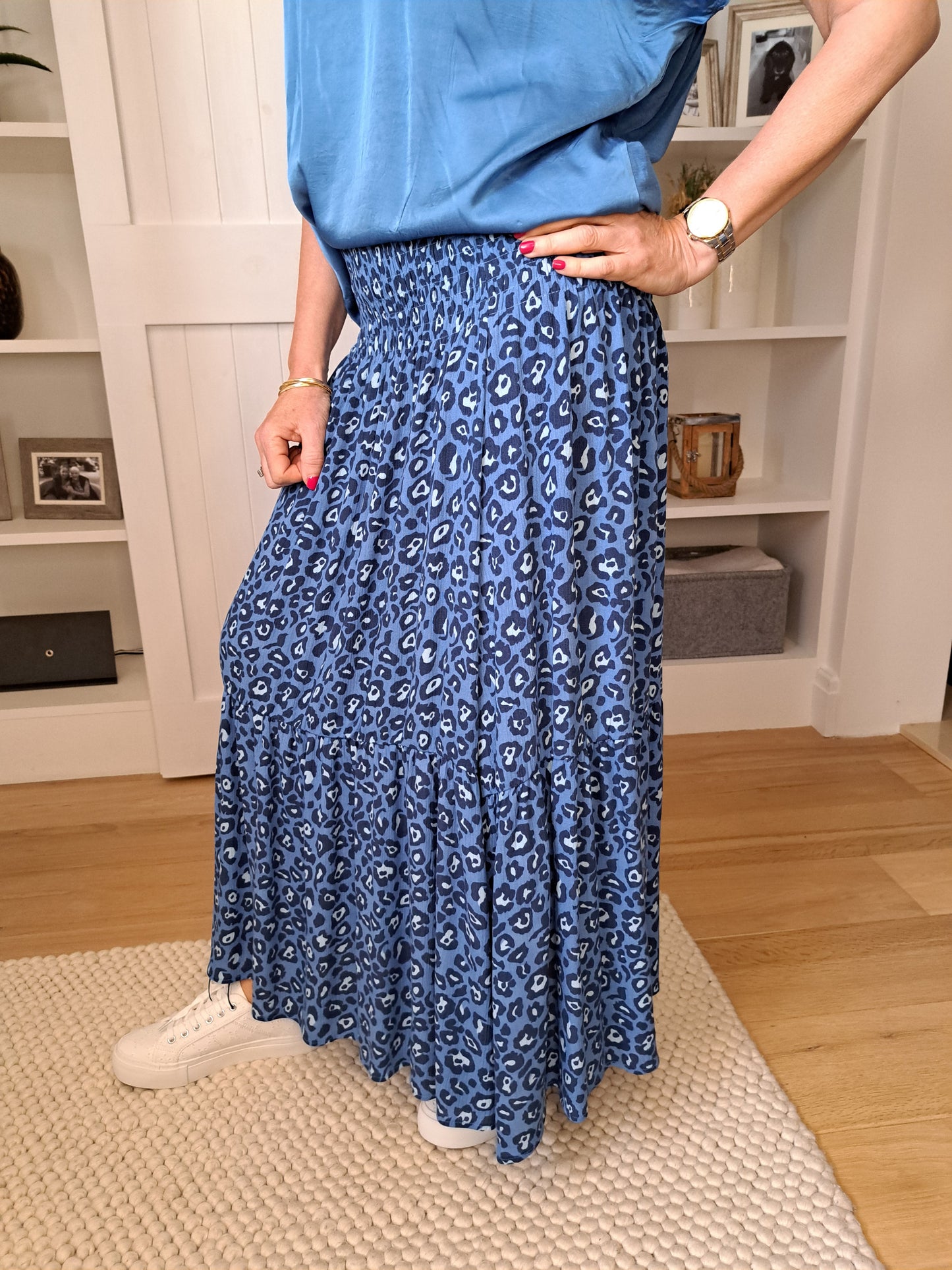 Leopard Print Shirred Waist Skirt - Blue