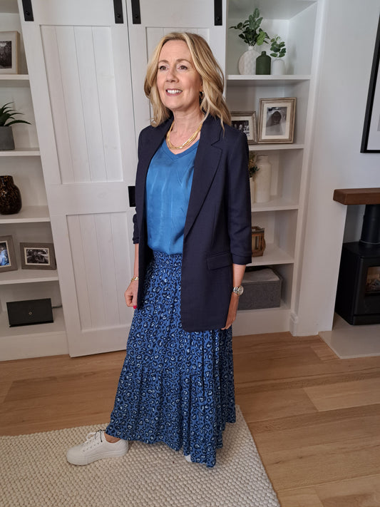 Blazer With 3/4 Ruched Sleeves - Navy