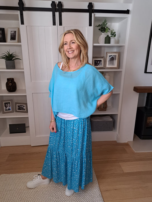 Leopard Print Shirred Waist Skirt - Turquoise