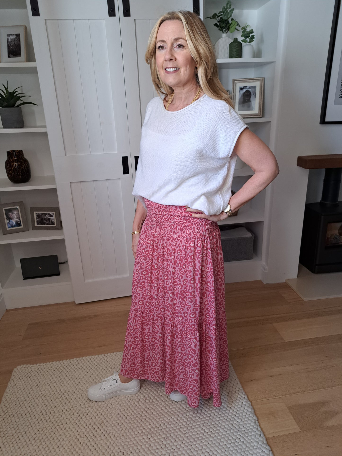 Leopard Print Shirred Waist Skirt - Pink