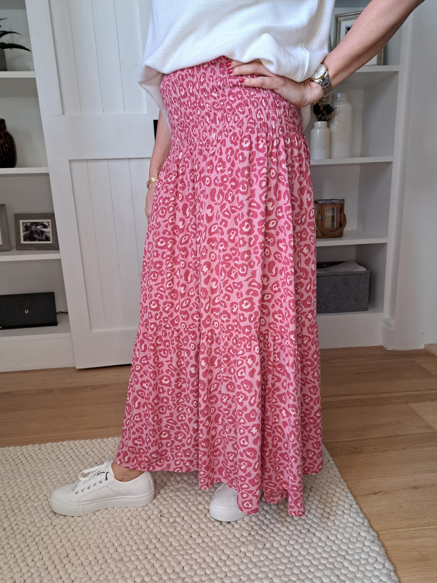 Leopard Print Shirred Waist Skirt - Pink