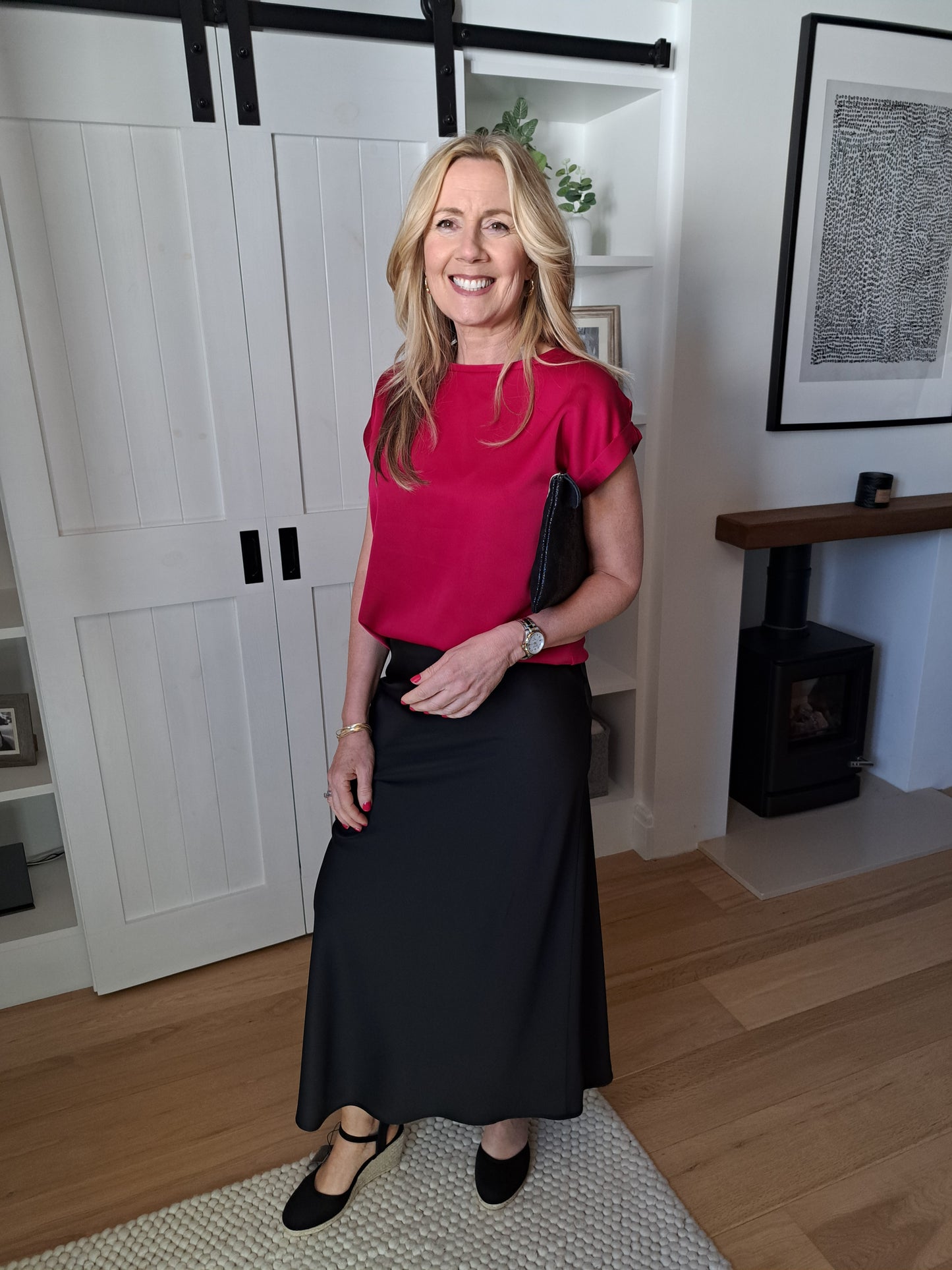 Satin Short Sleeve Top - Cerise