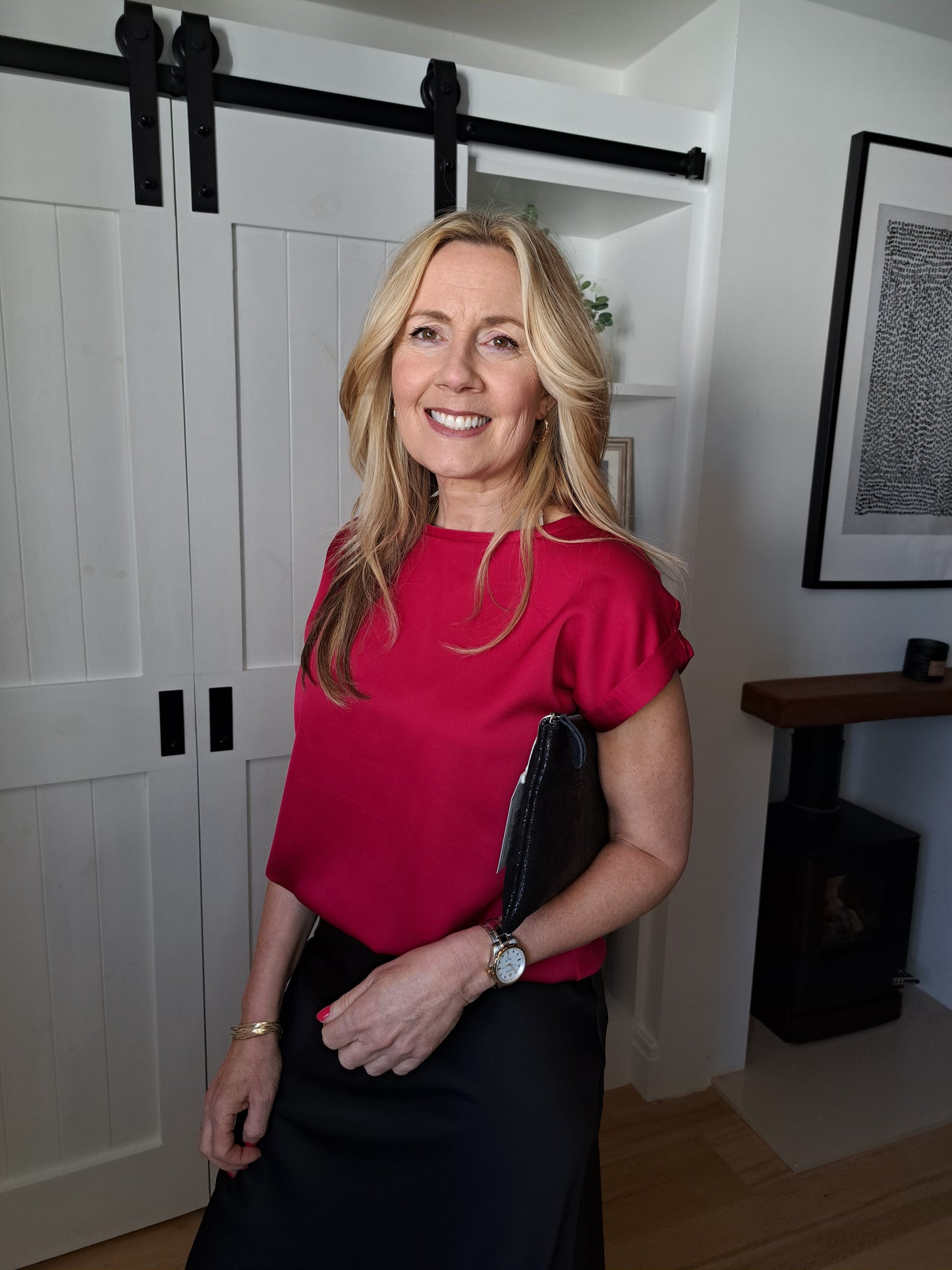 Satin Short Sleeve Top - Cerise