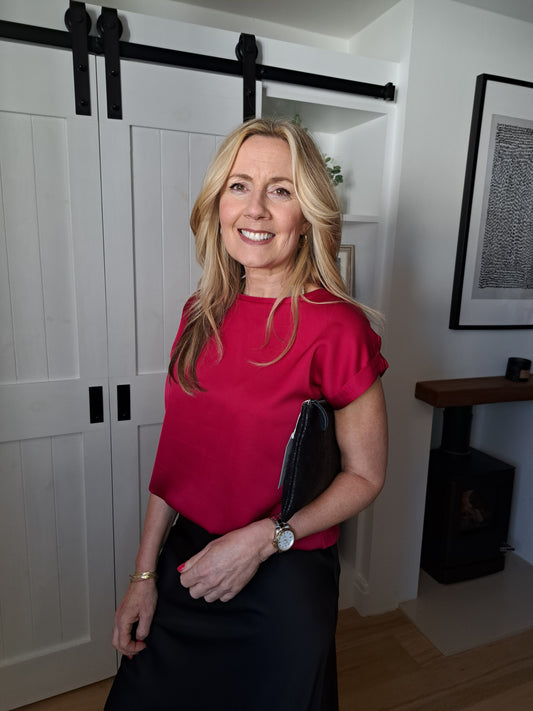 Satin Short Sleeve Top - Cerise