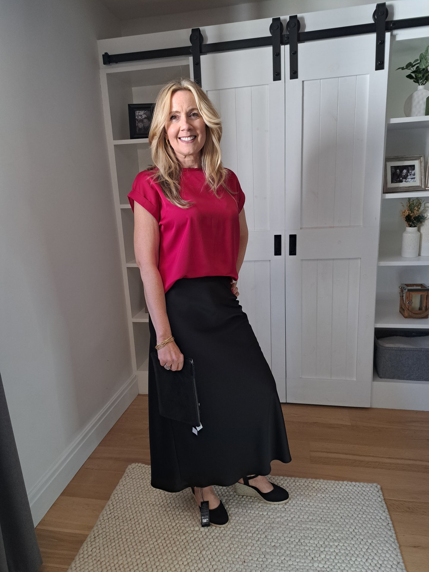 Satin Short Sleeve Top - Cerise