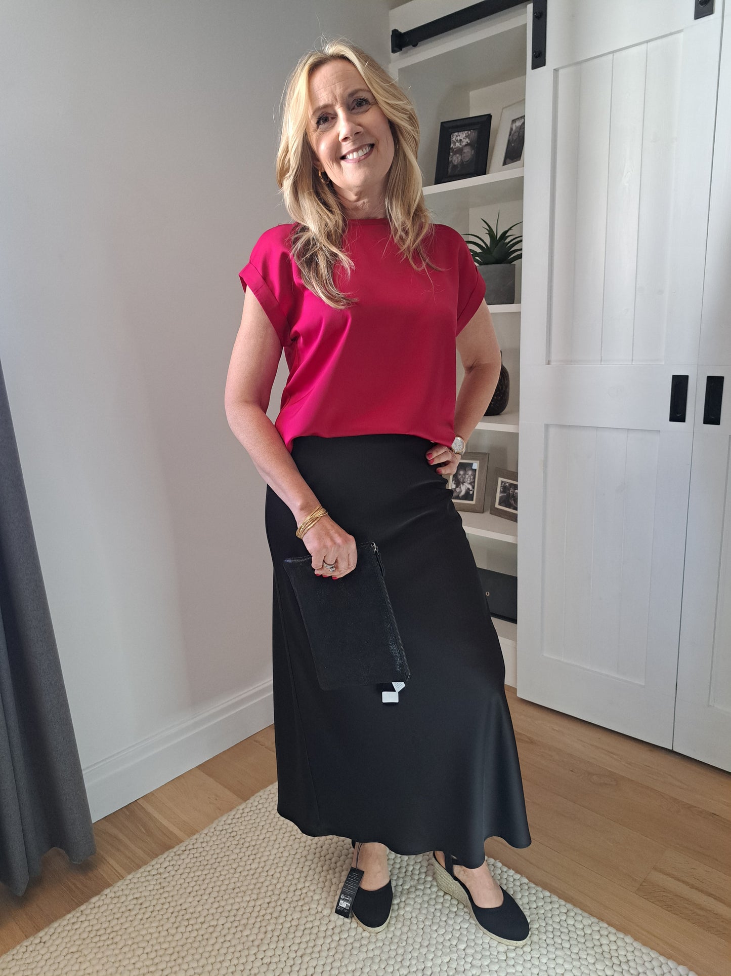 Satin Short Sleeve Top - Cerise