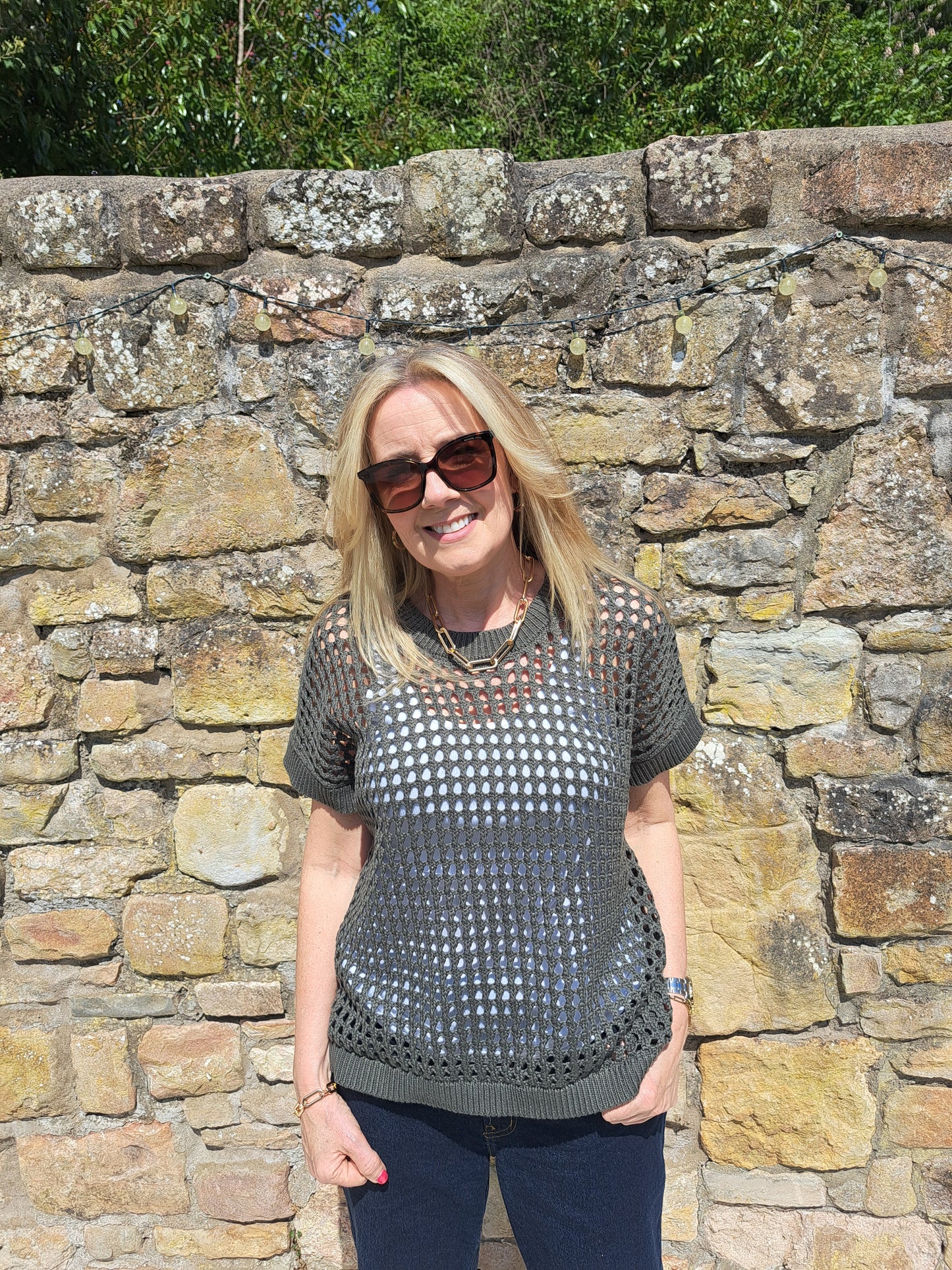 Cotton Mix Crew Neck Holes Jumper - Khaki