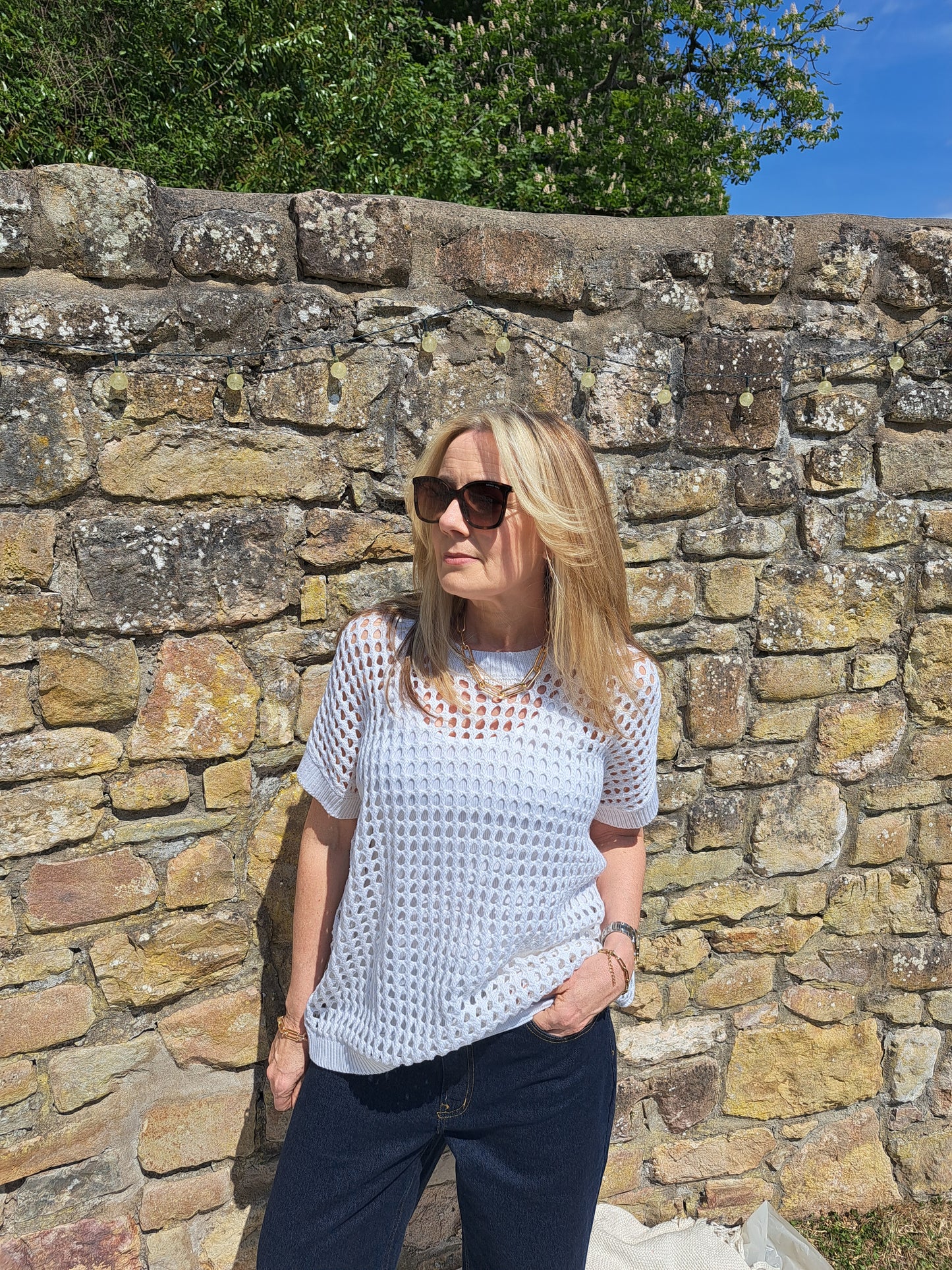 Cotton Mix Crew Neck Holes Jumper - Ivory