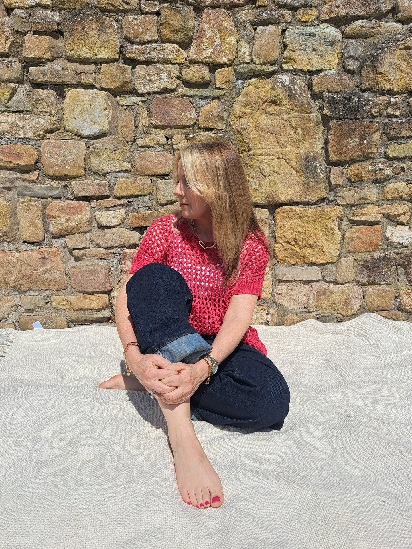 Cotton Mix Crew Neck Holes Jumper - Raspberry