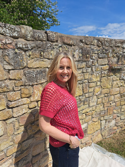 Cotton Mix Crew Neck Holes Jumper - Raspberry