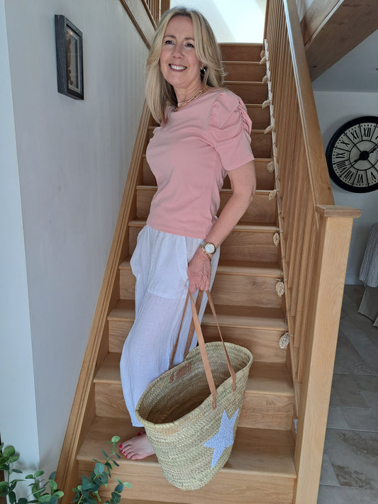 T-shirt Top With Ruched Sleeves - Pink