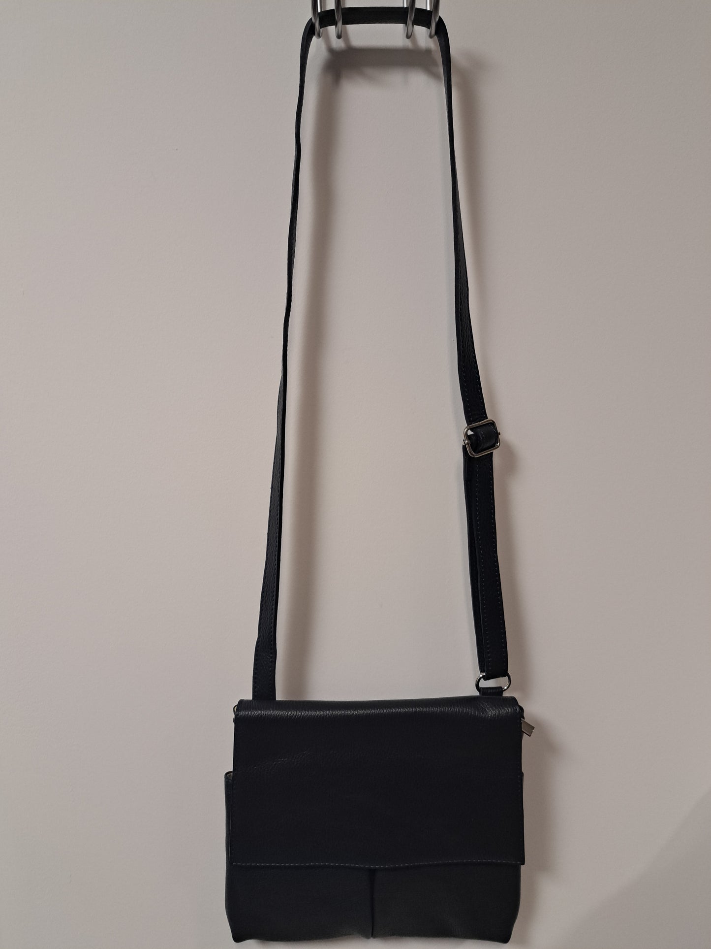 Leather Crossbody Bag with Two Pockets - Black