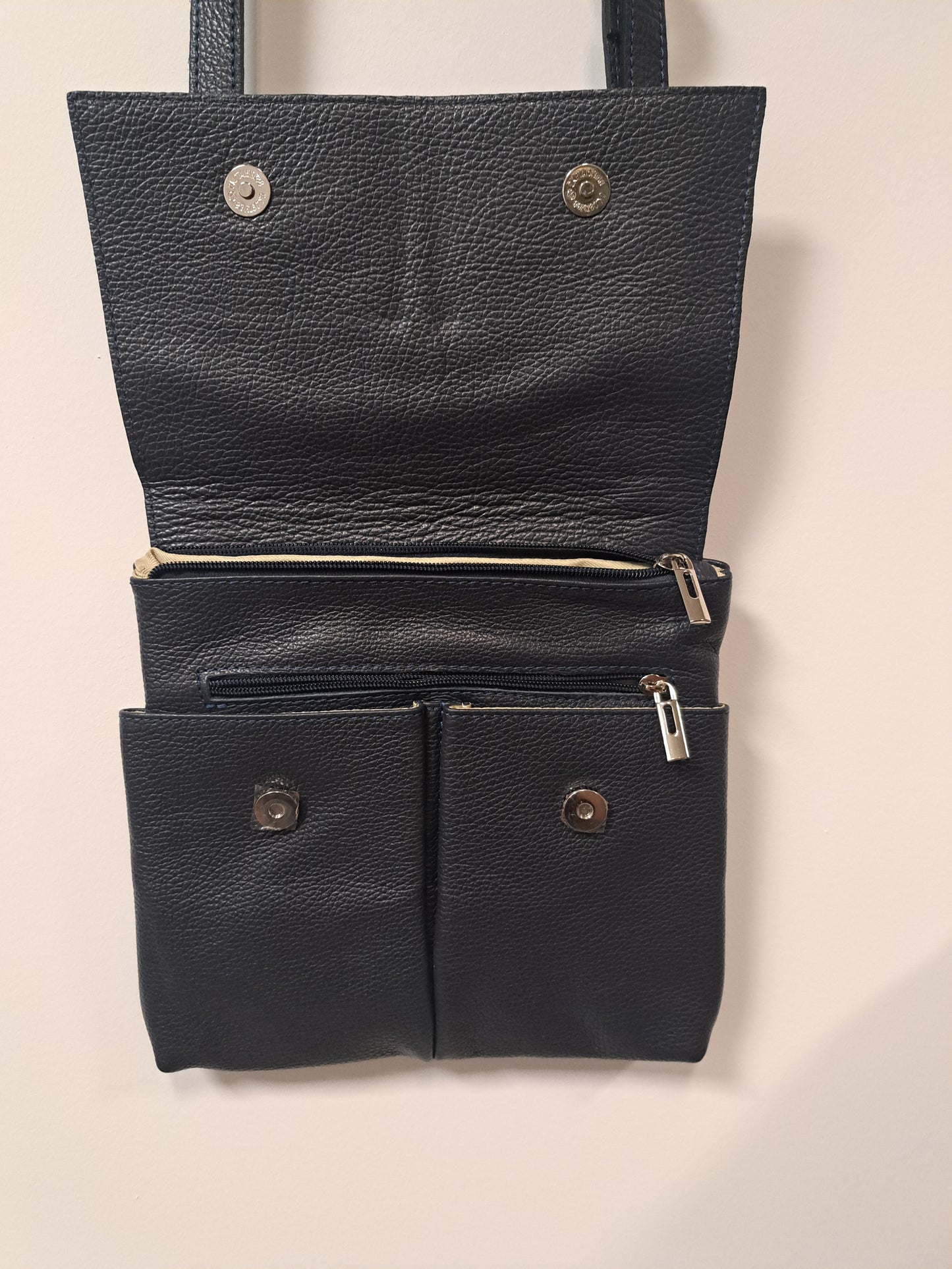 Leather Crossbody Bag with Two Pockets - Black