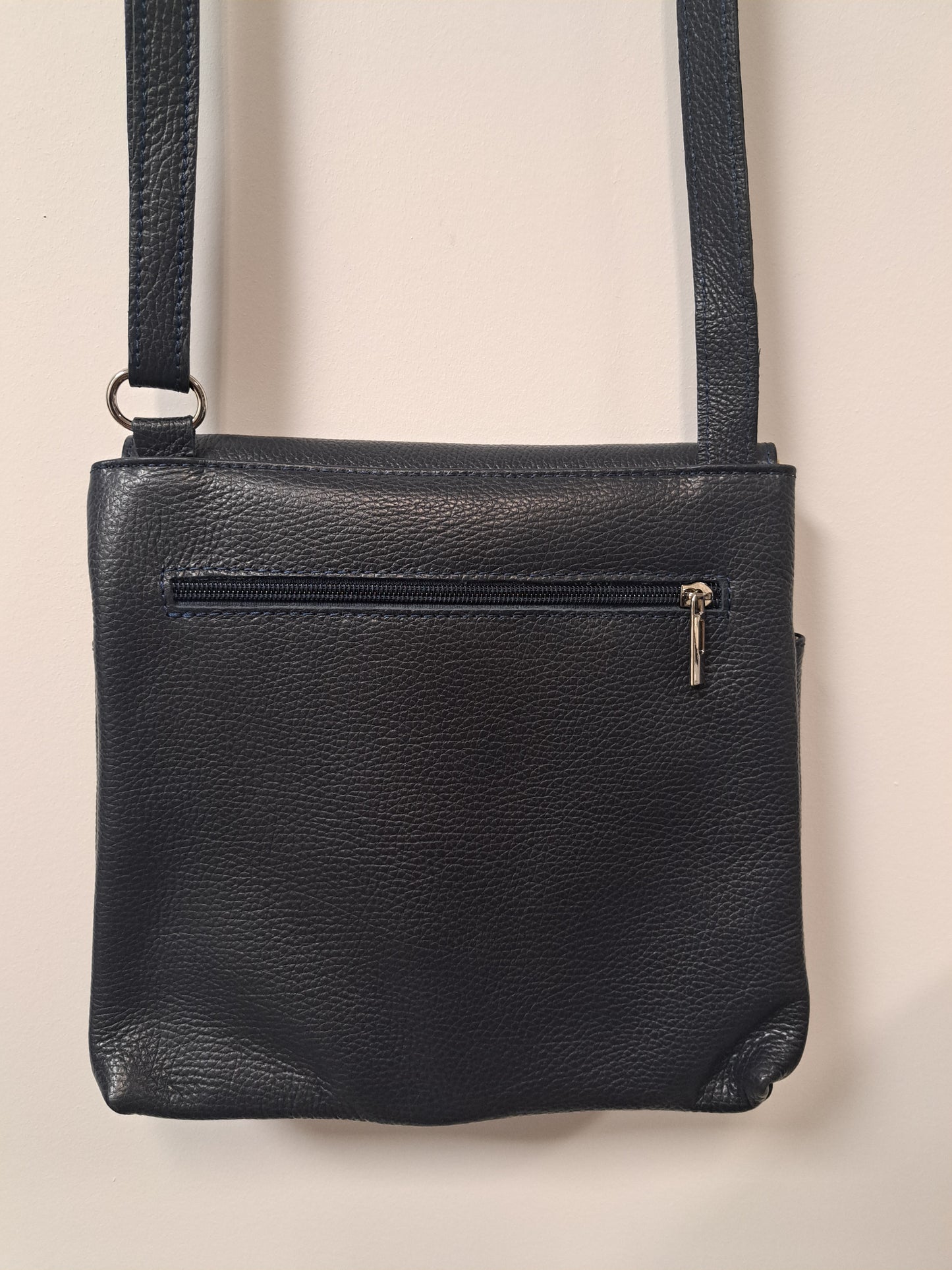Leather Crossbody Bag with Two Pockets - Navy Blue